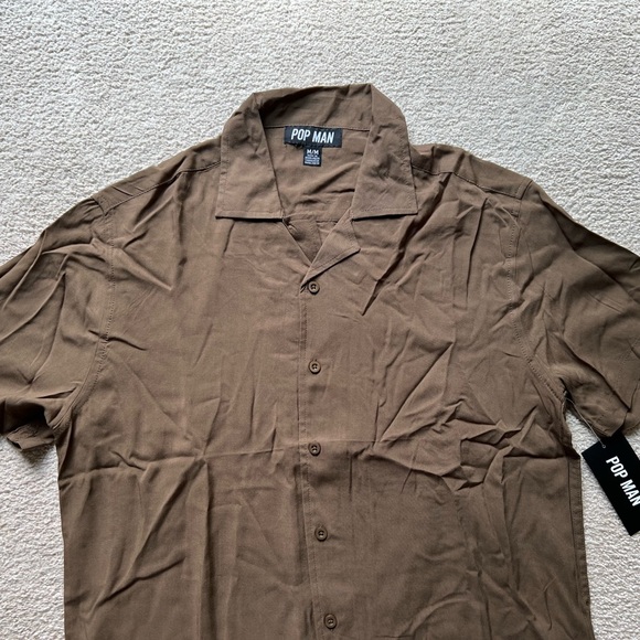 Pop Man Men's Short Sleeve Button Up Shirt Top Tee Brown Collared Soft Viscose M - Picture 2 of 6
